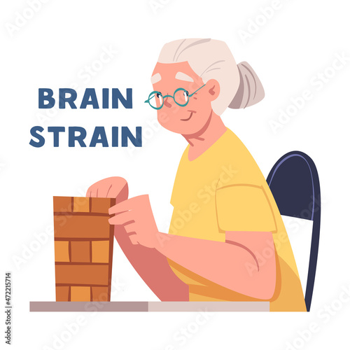 Alzheimer Prevention with Elderly Woman in Glasses Brain Straining Playing Puzzle Game Vector Illustration