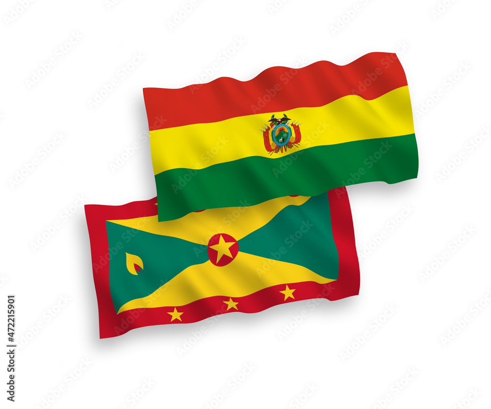 National vector fabric wave flags of Grenada and Bolivia isolated on white background. 1 to 2 proportion. National vector fabric wave flags of Grenada and Bolivia isolated on white background. 1 to 2 proportion.