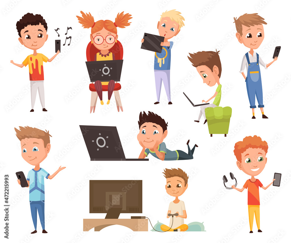 Kids who using gadget. Child and modern technology colorful cartoon characters. Childrens watching, listening and playing with electronic devices Kids who using gadget. Child and modern technology colorful cartoon characters. Childrens watching, listening and playing with electronic devices