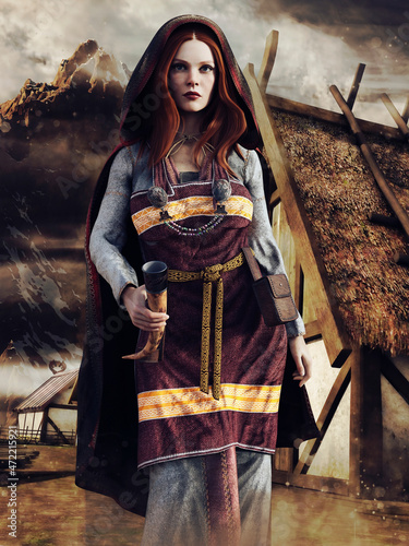 Quadro em tela Viking healer with a drinking horn standing in front of a wooden cottage