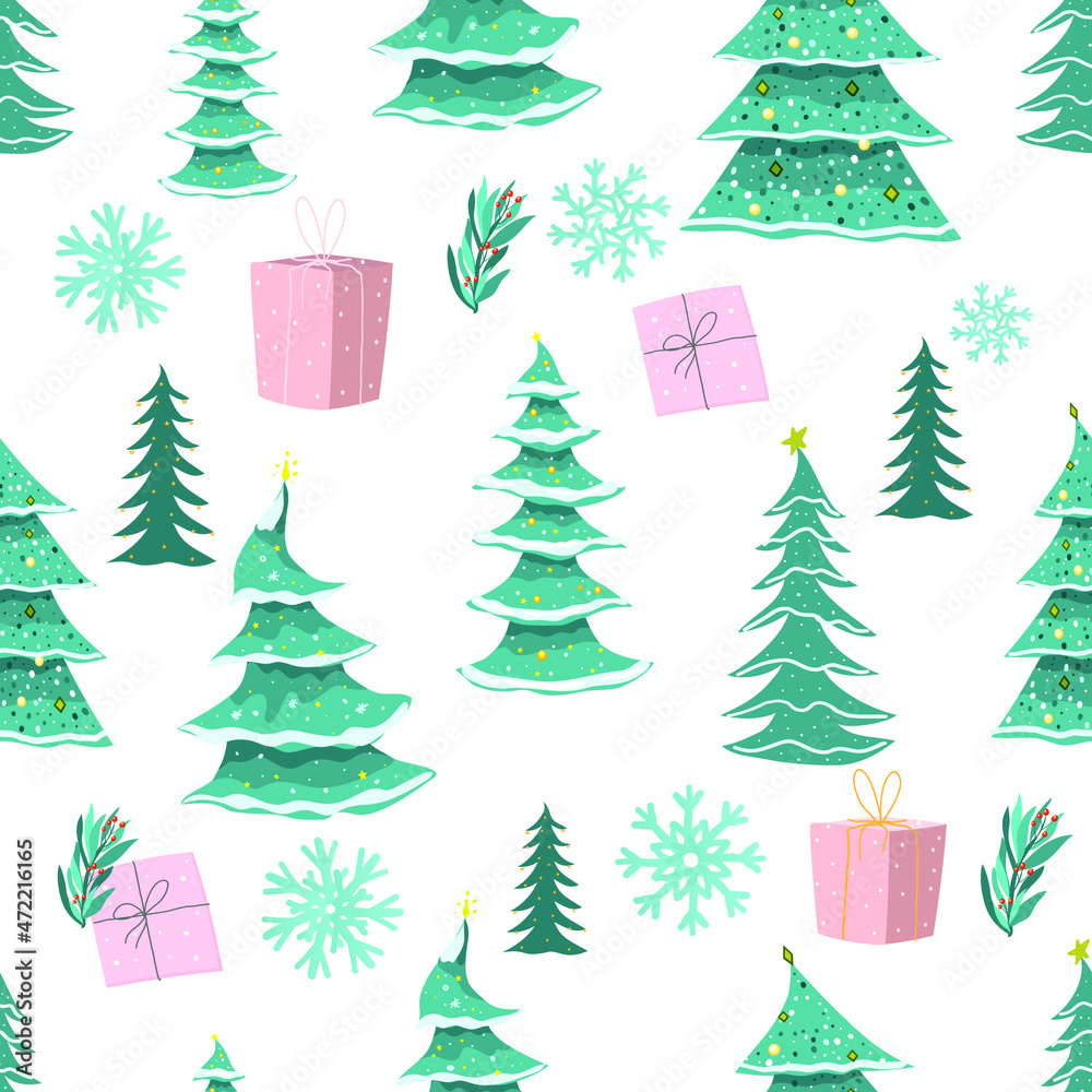 Christmas seamless pattern. Stylized Christmas trees and boxes with gifts. Vector. Wrapping paper, fabric print. Christmas seamless pattern. Stylized Christmas trees and boxes with gifts. Vector. Wrapping paper, fabric print.