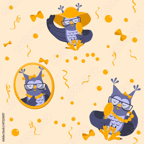 Seamless pattern with owls, beads, bows and confetti. A fashionista owl looks in the mirror. Design for textile print or wallpaper. Vector illustration