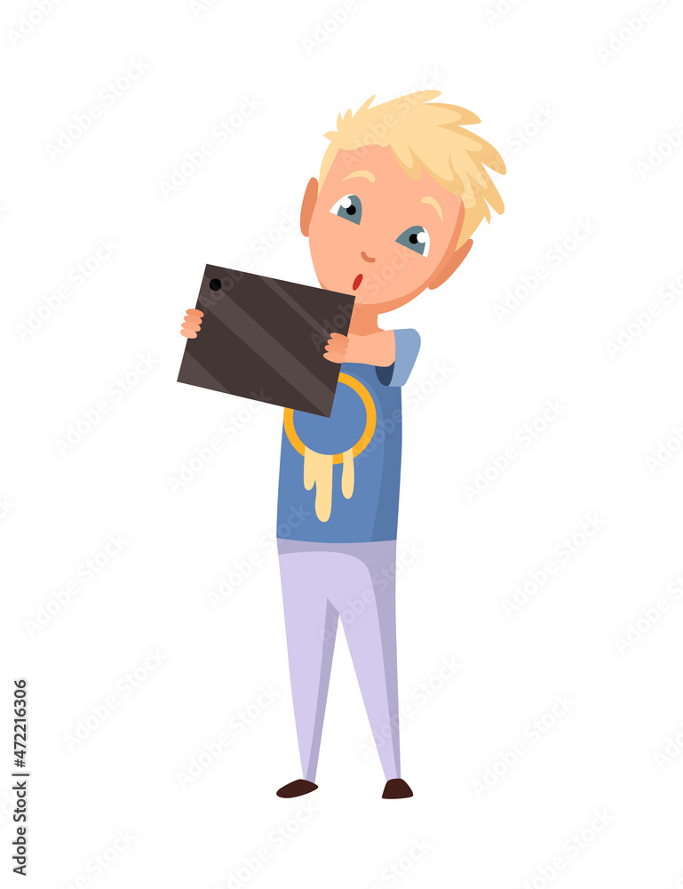 Kid using gadget. Child and modern technology colorful cartoon character. Young boy has a problem with his tablet and shows it holding in his hands Kid using gadget. Child and modern technology colorful cartoon character. Young boy has a problem with his tablet and shows it holding in his hands