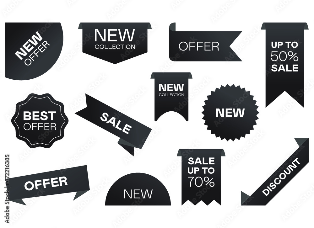 Obraz premium Different Sale Black Ribbons Price Badges Special Offer Labels and Discount Stickers Flat Vector illustration collection. Promotion Templates and Design Elements Vector