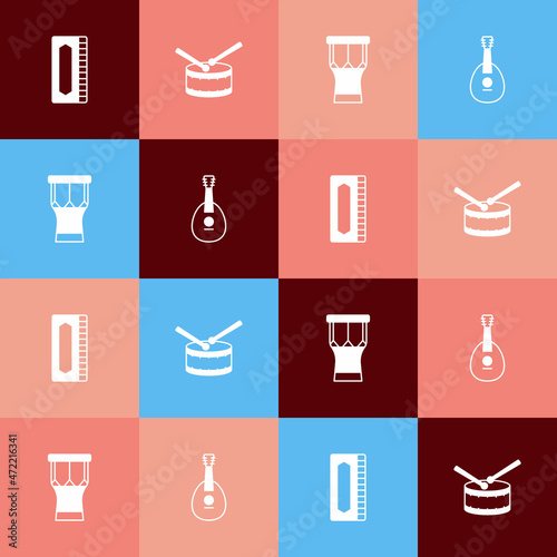 Set pop art Harmonica, Drum with drum sticks, African percussion and Mandolin icon. Vector