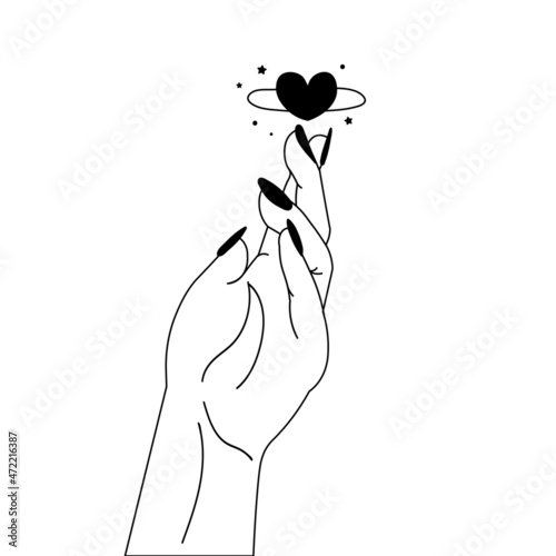 Woman hand and hert shaped planet sticker or tattoo design for valentines day, i love you sign