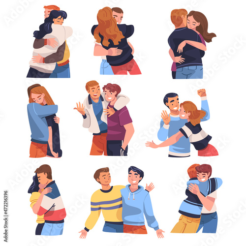 People Character Hugging and Embracing Each Other Expressing Friendly Feeling Vector Set