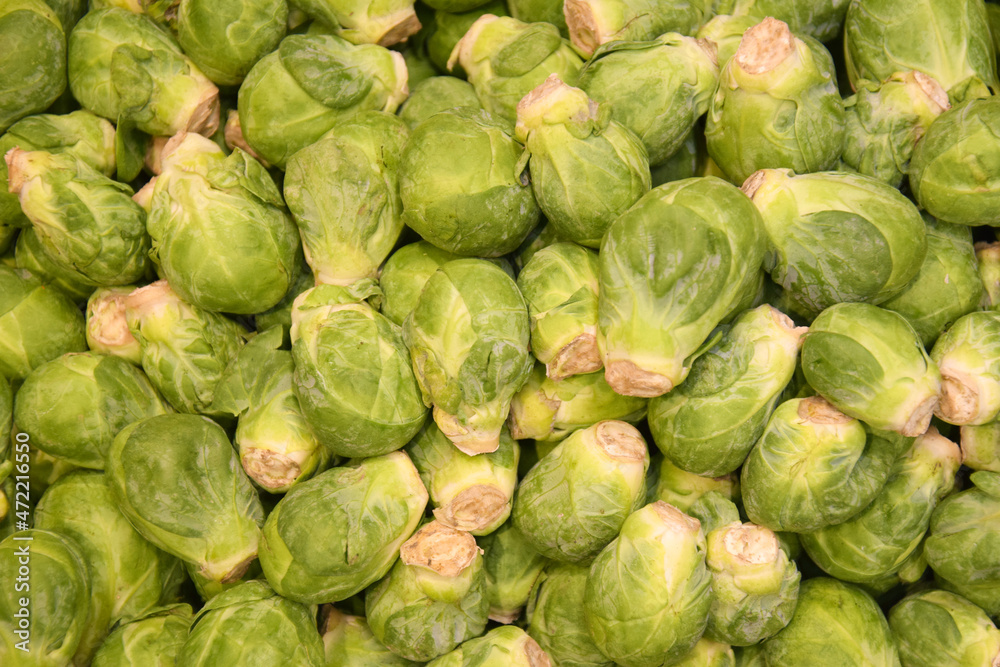 Brussels sprouts on the counter in the market.