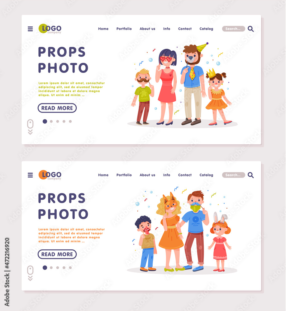 Landing Page with Family and Kids Wearing Party Birthday Photo Booth Props Standing and Smiling Vector Template Landing Page with Family and Kids Wearing Party Birthday Photo Booth Props Standing and Smiling Vector Template