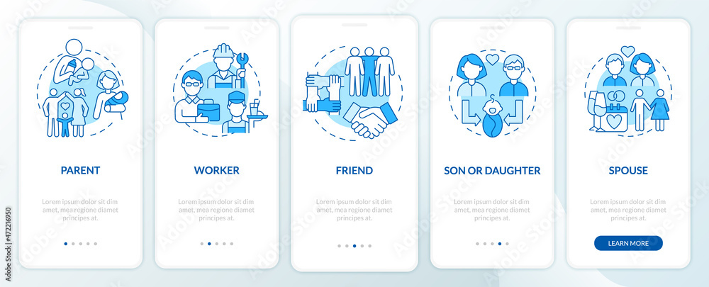 Social function example blue onboarding mobile app page screen. Role in community walkthrough 4 steps graphic instructions with concepts. UI, UX, GUI vector template with linear color illustrations Social function example blue onboarding mobile app page screen. Role in community walkthrough 4 steps graphic instructions with concepts. UI, UX, GUI vector template with linear color illustrations