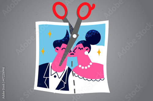 Scissors cut couple marriage photograph with spouses get divorced 