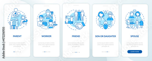 Social function example blue onboarding mobile app page screen. Role in community walkthrough 4 steps graphic instructions with concepts. UI, UX, GUI vector template with linear color illustrations
