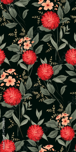 Fototapeta Naklejka Na Ścianę i Meble -  Beautiful seamless pattern with large red asters, small pink flowers and various leaves on a dark background. Elegant floral print in a realistic style. Imitation of watercolor, vector, CMYK.