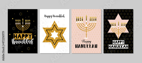 Set of Hanukkah greeting card, poster, banner template. Nine candles and wishing. Hand drawn sketch illustration. White, yellow and black colors
