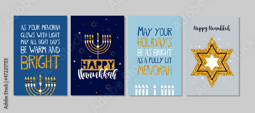 Set of Hanukkah greeting card, poster, banner template. Nine candles and wishing. Hand drawn sketch illustration.