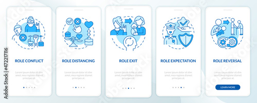Social role action blue concept onboarding mobile app page screen. Position activity walkthrough 4 steps graphic instructions with concepts. UI, UX, GUI vector template with linear color illustrations
