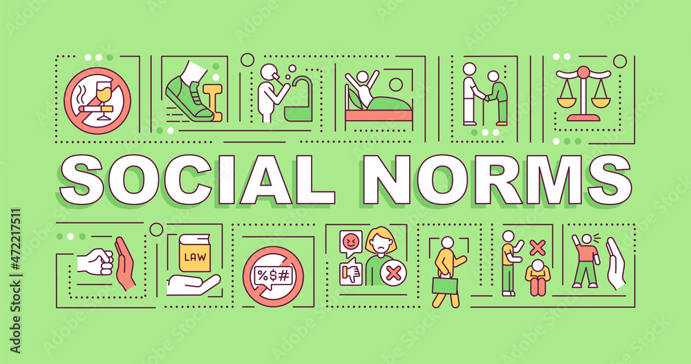 Social norms word concepts banner. Community culture rules. Infographics with linear icons on green background. Isolated creative typography. Vector outline color illustration with text - obrazy, fototapety, plakaty 
