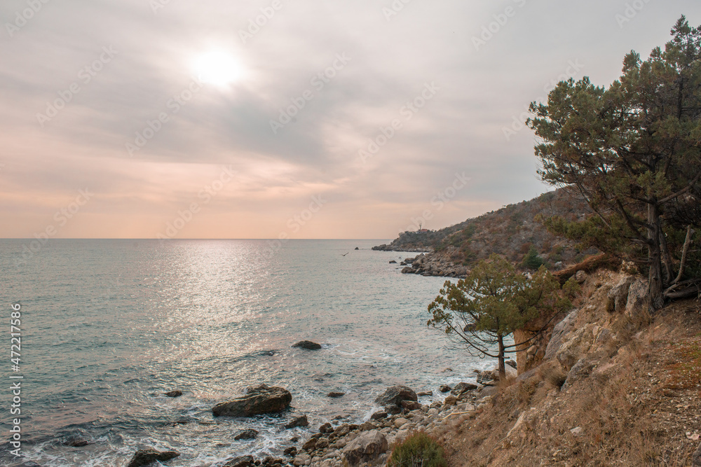 Panoramic view of the Black Sea coast at sunset