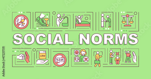 Social norms word concepts banner. Community culture rules. Infographics with linear icons on green background. Isolated creative typography. Vector outline color illustration with text photo