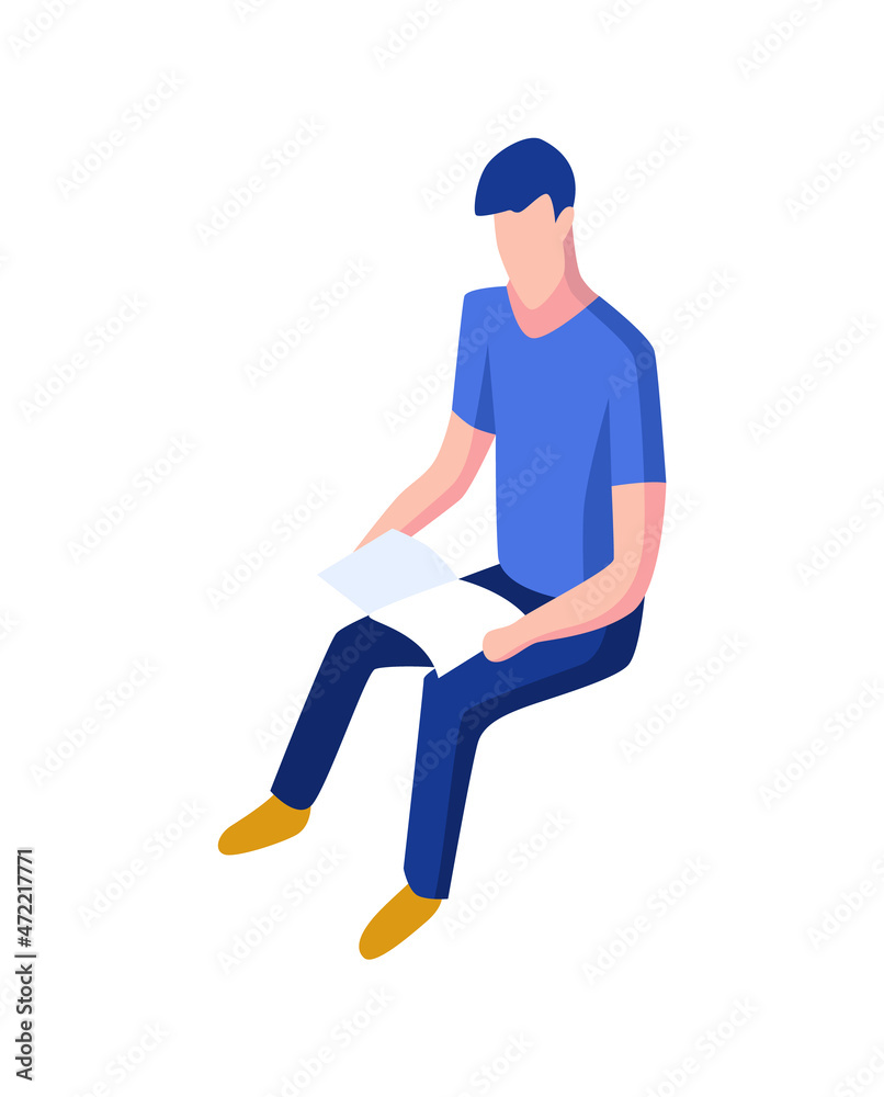 Isometric people icon. 3d men sit and hold and read book. Modern young people. Isolated illustration Isometric people icon. 3d men sit and hold and read book. Modern young people. Isolated illustration
