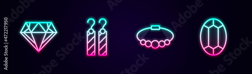 Set line Diamond, Earrings, Bracelet jewelry and Gem stone. Glowing neon icon. Vector