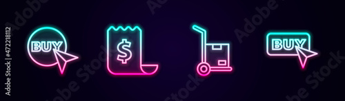 Set line Buy button, Paper check and financial check, Hand truck boxes and . Glowing neon icon. Vector