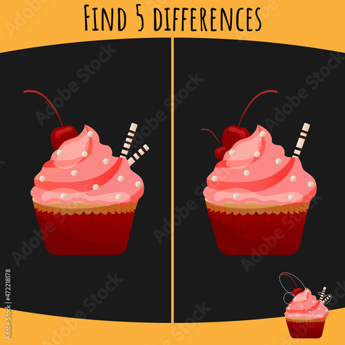Find five differences. Educational game for kids. Illustration of two cakes. Maze game for children with solution. Eps 10.