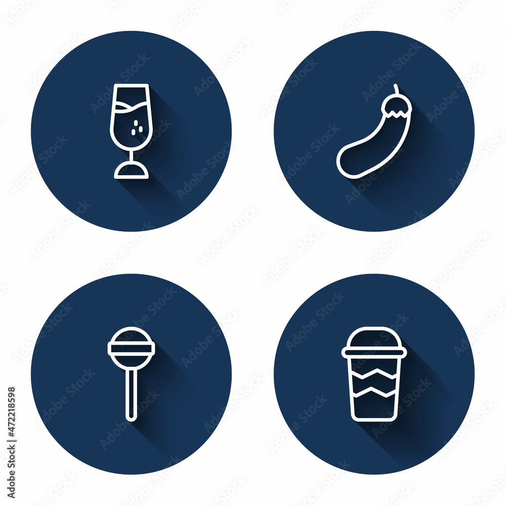 Set line Wine glass, Eggplant, Lollipop and Coffee cup to go with long shadow. Blue circle button. Vector