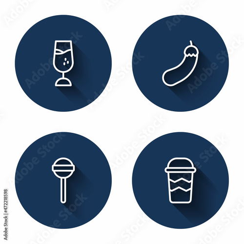 Set line Wine glass, Eggplant, Lollipop and Coffee cup to go with long shadow. Blue circle button. Vector