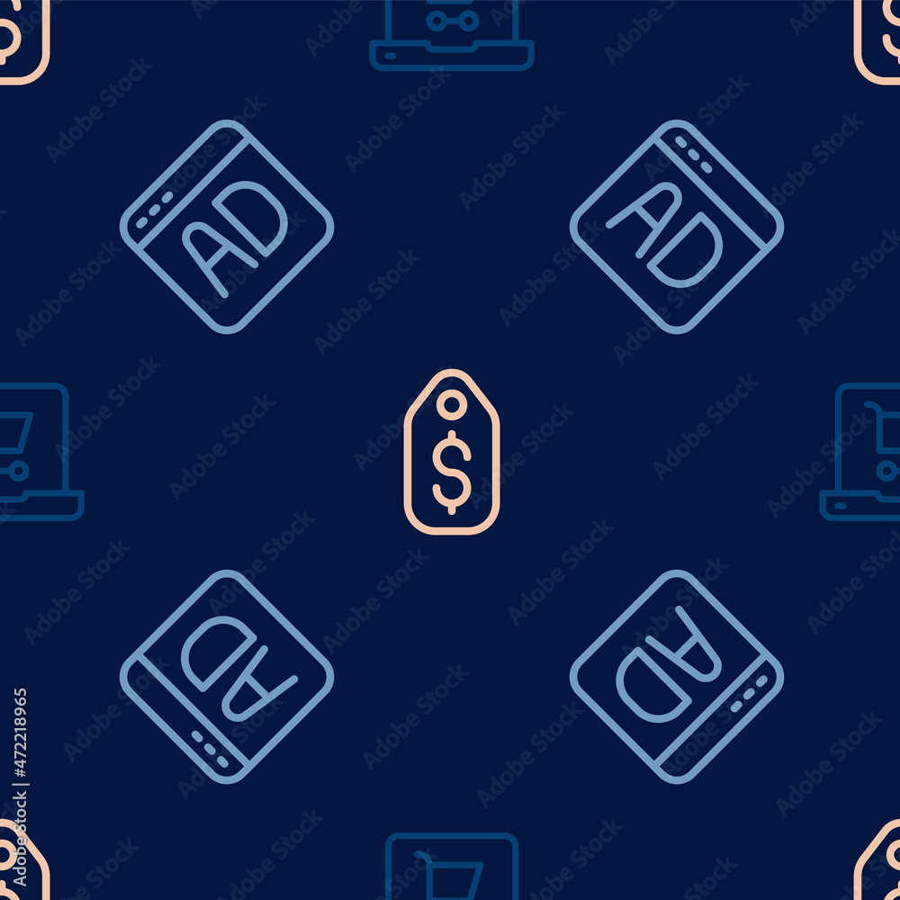 Set line Shopping cart on screen laptop, Advertising and Price tag with dollar on seamless pattern. Vector Set line Shopping cart on screen laptop, Advertising and Price tag with dollar on seamless pattern. Vector