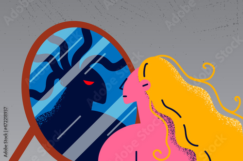 Woman look in mirror see shadow evil reflection 