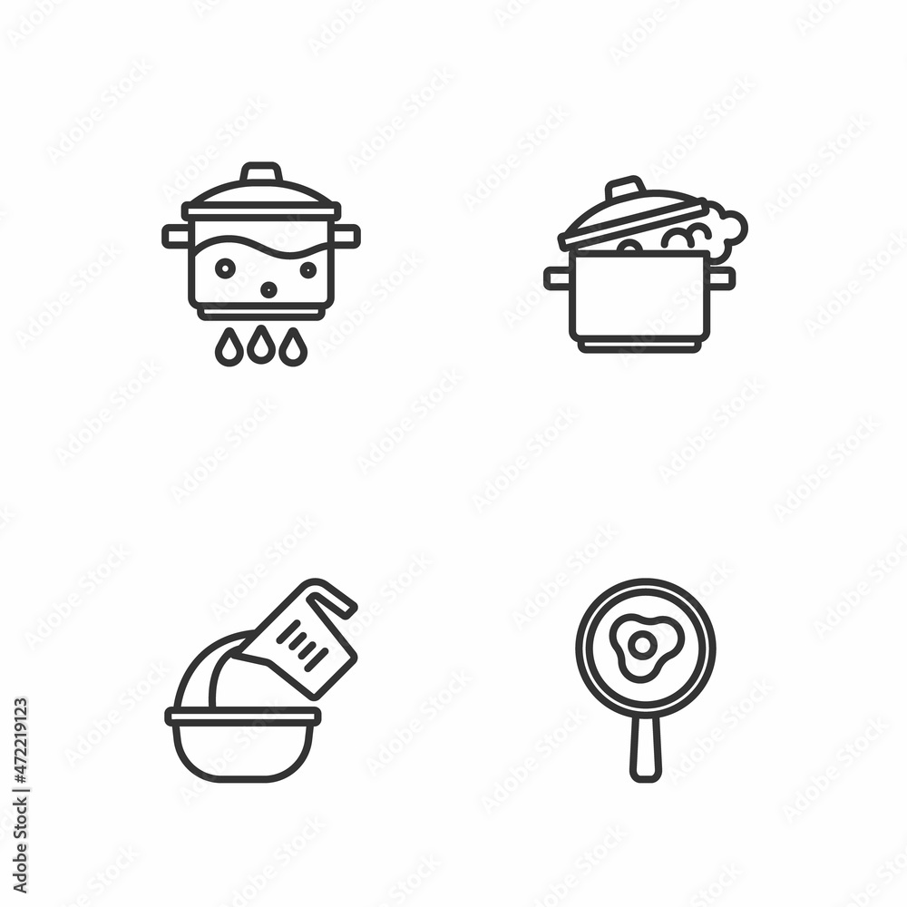 Set line Fried eggs on frying pan, Measuring cup and bowl, Cooking pot fire and icon. Vector Set line Fried eggs on frying pan, Measuring cup and bowl, Cooking pot fire and icon. Vector