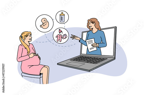 Female doctor consult pregnant woman online on computer. Happy mom to be have webcam consultation with gynecologist, talk speak on video call virtual event on lockdown. Flat vector illustration.