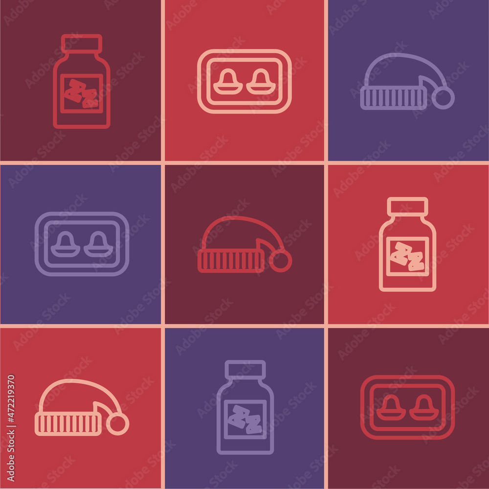 Set line Sleeping pill, hat and Earplugs with storage box icon. Vector Set line Sleeping pill, hat and Earplugs with storage box icon. Vector