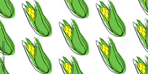 Fresh corn seamless pattern. Beautiful vector seamless pattern with corn. Suitable for wallpapers, web page backgrounds, surface textures, textiles. Background, texture. Design for paper. Doodle