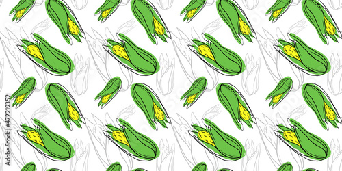 Fresh corn seamless pattern. Beautiful vector seamless pattern with corn. Suitable for wallpapers, web page backgrounds, surface textures, textiles. Background, texture. Design for paper. Doodle