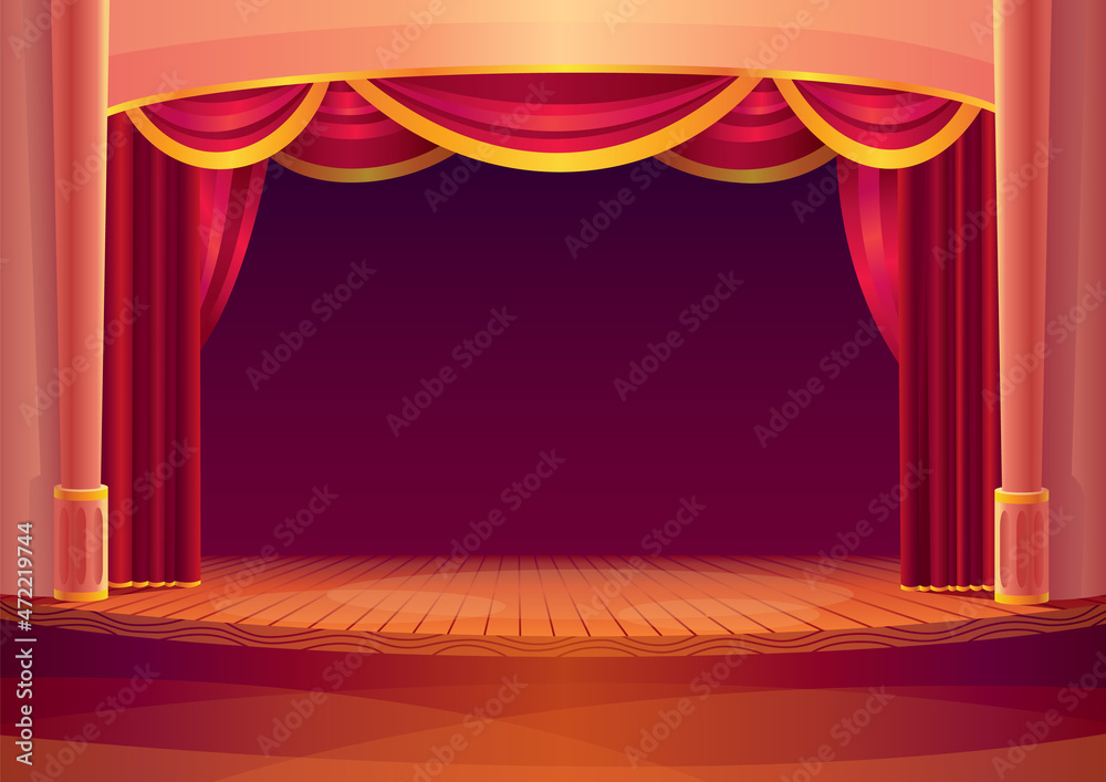 Fototapeta premium Theater stage with red curtains and on light. cartoon illustration of theatre interior with empty wooden scene. Concert grand opening template