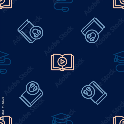 Set line Graduation cap with mouse, Audio book and on seamless pattern. Vector © Iryna