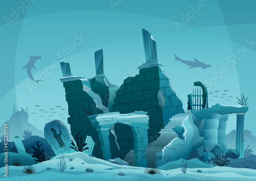 Fototapeta Naklejka Na Ścianę i Meble -  Underwater ruins of the old city. Silhouette of blue sea background. Natural underwater seascape, marine wildlife. Coral reef with fish and flooded part of the old town