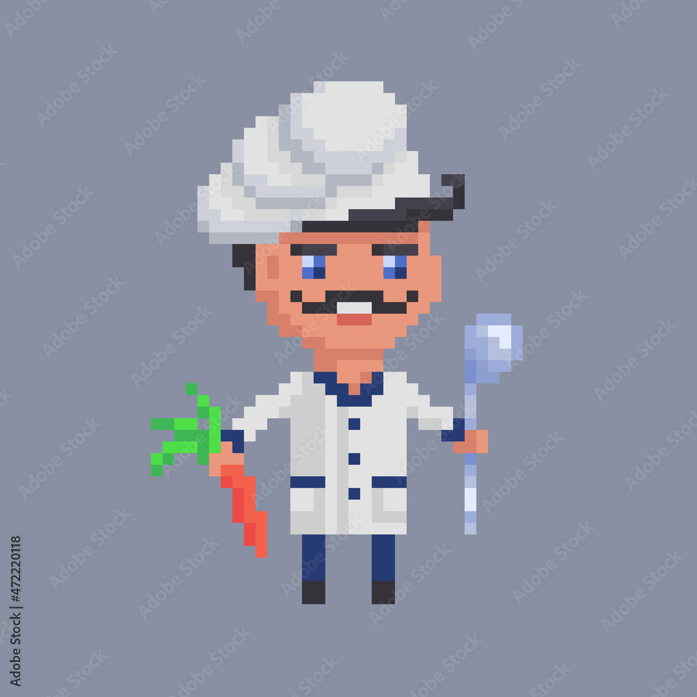 Chef in white uniform cooking. Cook character in pixel art Stock Vector ...