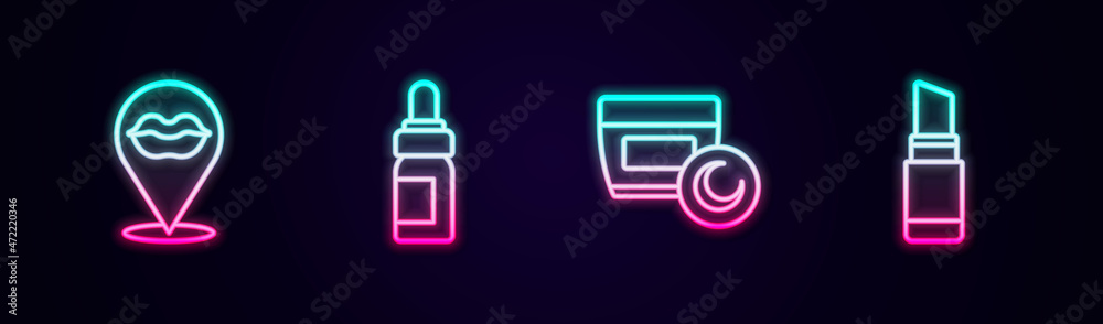 Set line Smiling lips, Essential oil bottle, Cream or lotion cosmetic tube and Lipstick. Glowing neon icon. Vector Set line Smiling lips, Essential oil bottle, Cream or lotion cosmetic tube and Lipstick. Glowing neon icon. Vector