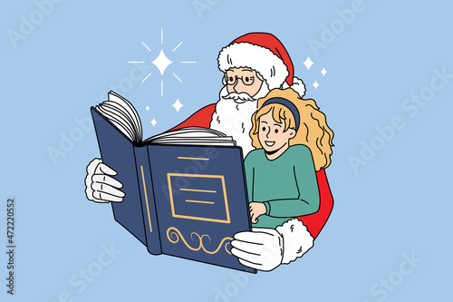 Loving Santa Claus read book with happy little girl child celebrate New Year. Caring father Christmas with kid enjoy fairytale on winter holidays. Celebration concept. Flat vector illustration.