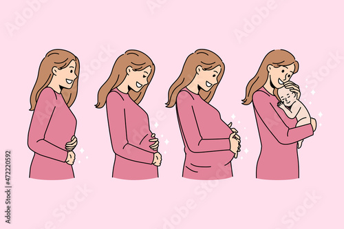 Happy young Caucasian woman in different stages of pregnancy. Smiling female before, during and after childbirth. Maternity and fertility concept. Mother and baby. Flat vector illustration.