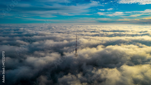 Aerial view of the television tower in the fog