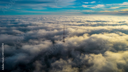 Aerial view of the television tower in the fog