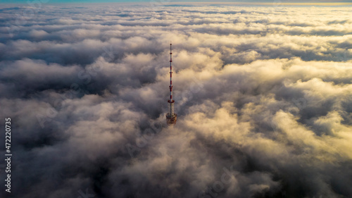 Aerial view of the television tower in the fog