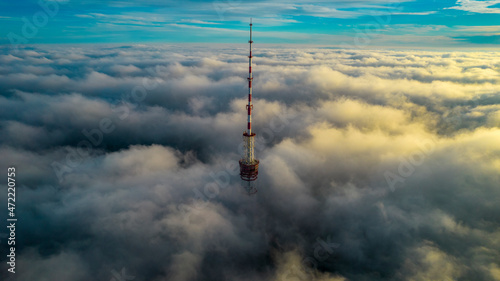 Aerial view of the television tower in the fog