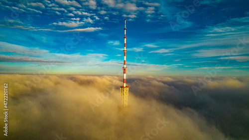 Aerial view of the television tower in the fog