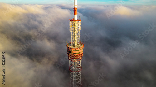 Aerial view of the television tower in the fog