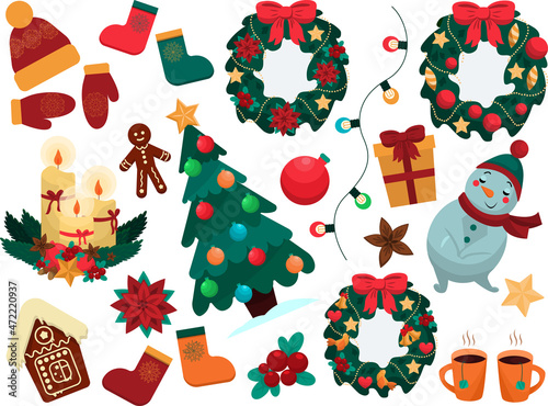 Set for Christmas and New Year elements with a Christmas tree, snowman, mistletoe wreaths. Background Icons and stickers for design and printing. Vector illustration.